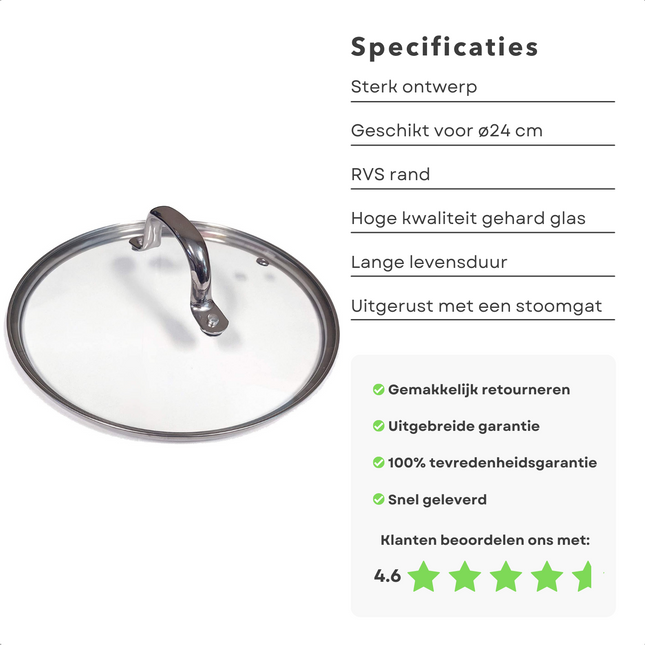 Cheqo® Glazen Deksel voor Pan - Pandeksel - Pannendeksel - Spatdeksel - 24cm - RVS Rand - Stoomgaatje - Gehard Glas Pandeksels