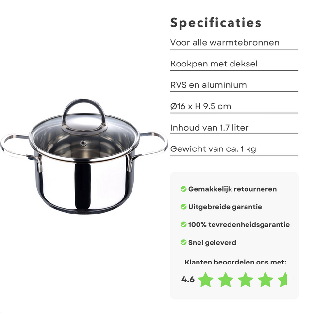 Cheqo® Kookpan met Deksel - Alle Warmtebronnen - Ook voor Inductie - Ø16 cm - 1.7L - Inductie Kookpan
