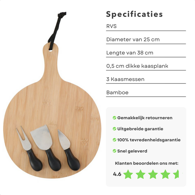 Cheqo® Bamboe Kaasplank met 3 RVS Kaasmesjes - Kaasmes - 25 cm Diameter - Serveerplank - Hapjesplank - Borrelplank - Kaas Plank - Kaasplankje met Messen Kaasplank