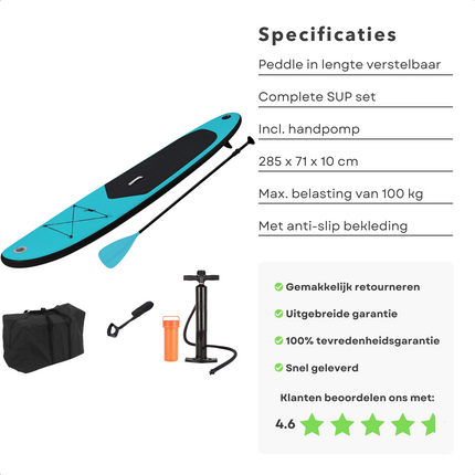 Cheqo® Complete SUP-Set - Opblaasbaar SUP Board - Stand Up Paddle Board - Tot 80kg - EVA Anti-Slip - Verstelbare Peddel - Met Rugzak en Handpomp - Blauw SUP Board