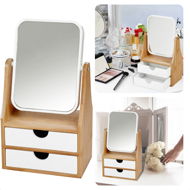 Cheqo® 2-Zijdige Make-up Spiegel met Sieradendoos - Kantelbaar - 3x Vergrotend - 2 Laden - 17 x 10 x 30 cm Make-up spiegels
