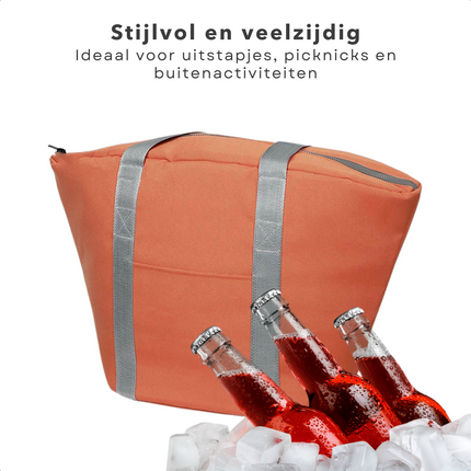 Cheqo® Geïsoleerde Koeltas - 22,3 liter - Oranje - Isolerend - Thermische Binnenkant - Dubbel Handvat - Rits - 18,5 x 18 cm - Verstevigde Bodem - Voor Picknick & Boodschappen Koeltas