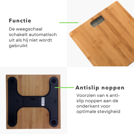 Cheqo® Digitale Personenweegschaal van Bamboe - Weegschaal Digitaal - 30x30x3cm - 180kg - Anti-Slip Noppen - 2x AAA Batterijen Personenweegschaal