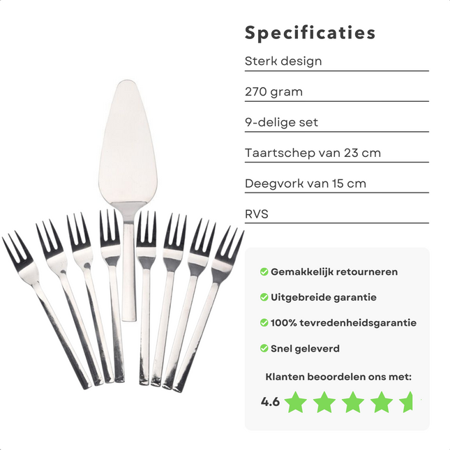 Cheqo® 9-Delige Taartset - 8 Gebaksvorkjes (15 cm) - 1 Taartschep (23 cm) - Cakeschep met Taartvorken Taartschep