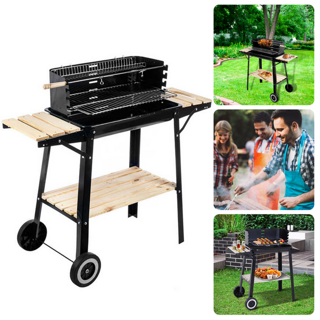Cheqo® Barbecue Verrijdbaar - BBQ op Wielen - Houtskool BBQ - Buitenkeuken - 45x31cm - 6kg - Windscherm met Gleuven - 2 Wielen - Verstelbaar BBQ