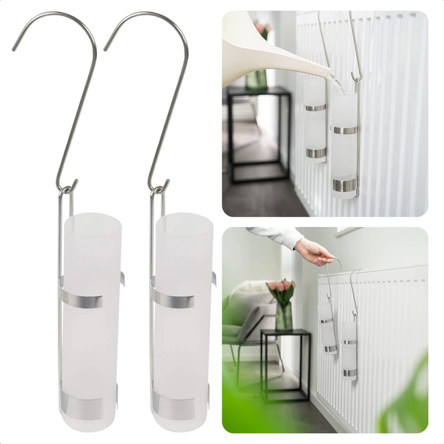 Cheqo® Radiator Luchtbevochtigers - Waterverdampers - Set van 2 stuks - Rvs Houder - Mat Wit Glas - 20x5cm Luchtbevochtigers