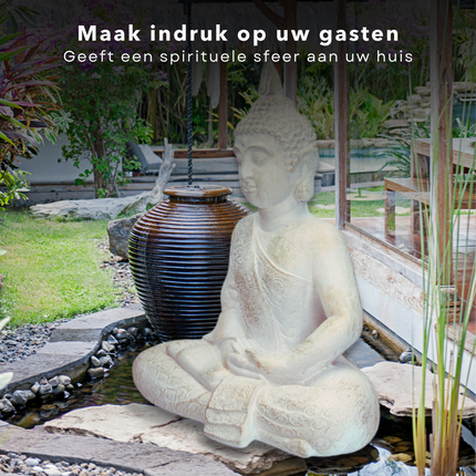 Cheqo® Boeddha Zittend Tuinbeeld - 50x28x62.5cm - 4800g - MgO - Crème - Antieke Afwerking - Boeddhabeeld Boeddhabeelden