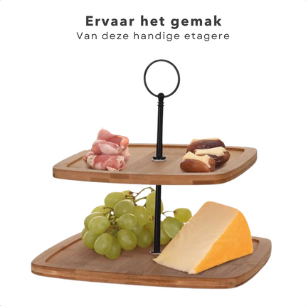 Cheqo® Bamboe Etagere - Serveerplank - Serveertoren - 2-laags - 25x25cm - Rechthoekig - H23.5cm - Multifunctioneel Opbergsysteem Etagere