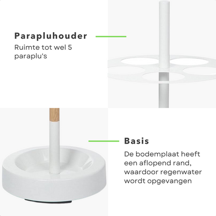 Cheqo® Paraplubak met Ruimte voor 5 Paraplu's - Parapluhouder - Houder voor Paraplu - Ø 32,5 cm - Hoogte 75 cm - Metalen Standaard met Houten Afwerking - Regenwater Opvangplaat - Makkelijk In Elkaar te Zetten Paraplubakken