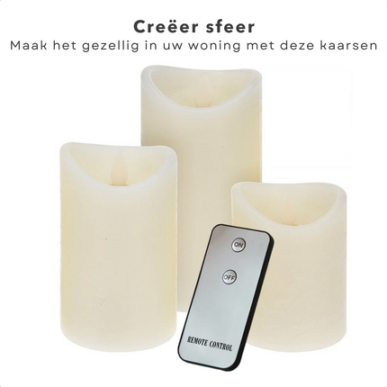 Cheqo® Set van 3 LED Kaarsen met Afstandsbediening - Realistische Led Kaarsen - Lichtgevende Kaarsen -Realistisch Vlameffect - Wax - 15, 12.5 & 10 cm Hoogte - 7.5 cm Diameter - Incl. Knoopcelbatterij Led-kaarsen