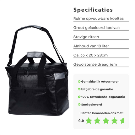 Cheqo® Koeltas 18 Liter - Zwart - 18L - Koelbox - Koelen - Koelelement - 18 cm -Voor op het Strand & Camping - Lunchtas - Geïsoleerd - Picknicktas - Verstelbare Schouderband - Stevige Rits - Draagbaar Koeltas