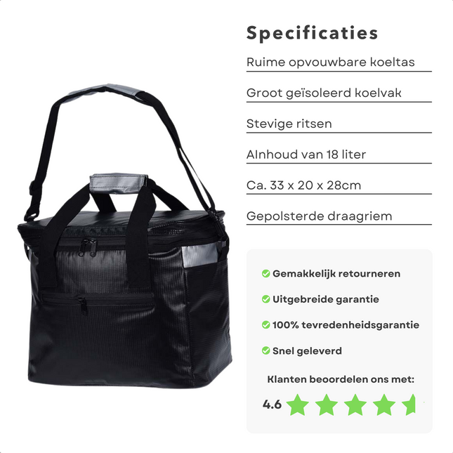 Cheqo® Koeltas 18 Liter - Zwart - 18L - Koelbox - Koelen - Koelelement - 18 cm -Voor op het Strand & Camping - Lunchtas - Geïsoleerd - Picknicktas - Verstelbare Schouderband - Stevige Rits - Draagbaar Koeltas