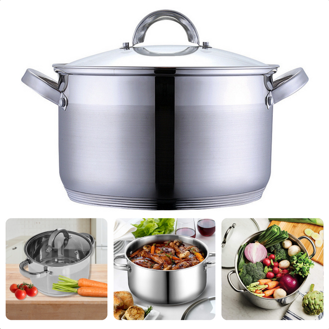 Cheqo® RVS Kookpan 28cm - 9.0L - Mat - Glanzend - Glasdeksel - Voor Alle Warmtebronnen - Vaatwasmachinebestendig - 28 cm - Inductie - Kookpannen