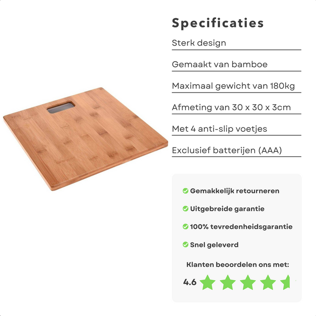 Cheqo® Digitale Personenweegschaal van Bamboe - Weegschaal Digitaal - 30x30x3cm - 180kg - Anti-Slip Noppen - 2x AAA Batterijen Personenweegschaal