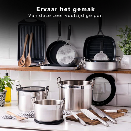 Cheqo® Kookpan met Siliconen Deksel - Ø 16 x H 7,5 cm - 1,5 liter - Dubbel afgietsysteem - Voor Alle Warmtebronnen - Inductie - Stay Cool Handvatten - Gelijkmatige Warmteverdeling - RVS - Lange Levensduur - Vaatwasserbestendig Kookpannen