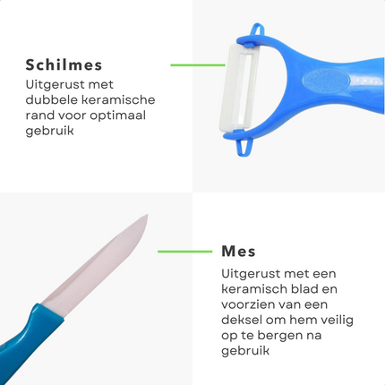 Cheqo® Keramische Schilmessen Set - Schilmes & Dunschiller - Keukenmesjes - Aardappelschiller - Blauw - Scherp Snijblad Dunschillers