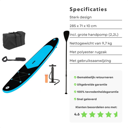 Cheqo® Complete SUP-Set - Opblaasbaar SUP Board - Stand Up Paddle Board - 285 cm - 1 Persoon - 100 kg Belasting - Anti-Slip Eva - Met Peddel, Sup-Leash, Net, Grote Handpomp, Reparatiekit, Rugtas - Dropstitch & Gelijmd PVC SUP Board