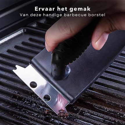 Cheqo® 3-in-1 Barbecue Borstel - BBQ Borstel met Schraper - Schrapen, Schuren & Borstelen - Kunststof Borstel & RVS Schraper - Barbecue Grillrooster Schoonmaken - 25 cm Barbecueborstel