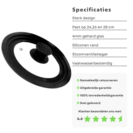 Cheqo® Universeel Glazen Deksel - Pandeksel - Pannendeksel - Voor pannen van 24cm, 26cm, 28cm - Siliconen Rand - Gehard Glas - Vaatwasserbestendig Pandeksels