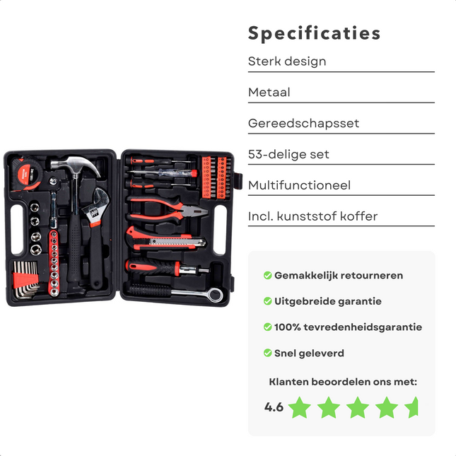 Cheqo® 53-delige Gereedschapset - Gereedschap Set - Klauwhamer, Afbreekmes, Spanningszoeker, Combinatietang, Ratel, Bits, Rolbandmaat, Doppen, Stiftsleutel - 30 x 22 x 7 cm Gereedschapskoffer Gereedschapsset