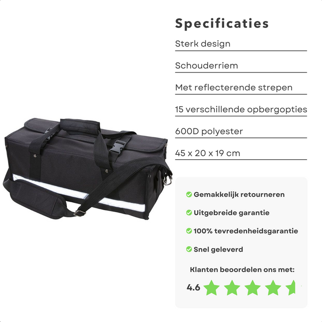 Cheqo® PRO Luxe Gereedschapstas - Polyester - Afsluitbaar - Reflectiestrepen - 45x20x19cm - 15 Opbergopties - Weersbestendig - Ophanglus - 8 Insteekvakken - 4 Elastieken Banden - Comfortabel - Gereedschapskoffer Gereedschapstas