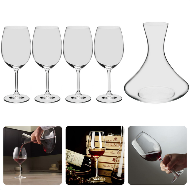 Cheqo® 5-delige Wijnset - 4 Rodewijnglazen 580ml (58cl) + 1 Decanteerkaraf 750ml (75cl) - Wijnglazen voor Rode Wijn - Wijnglas Set - Rode Wijnglazen - Wijnkaraf - Decanteerkan - Wijnkan - Decanteer Karaf - Vaatwasbestendig Wijnkaraf