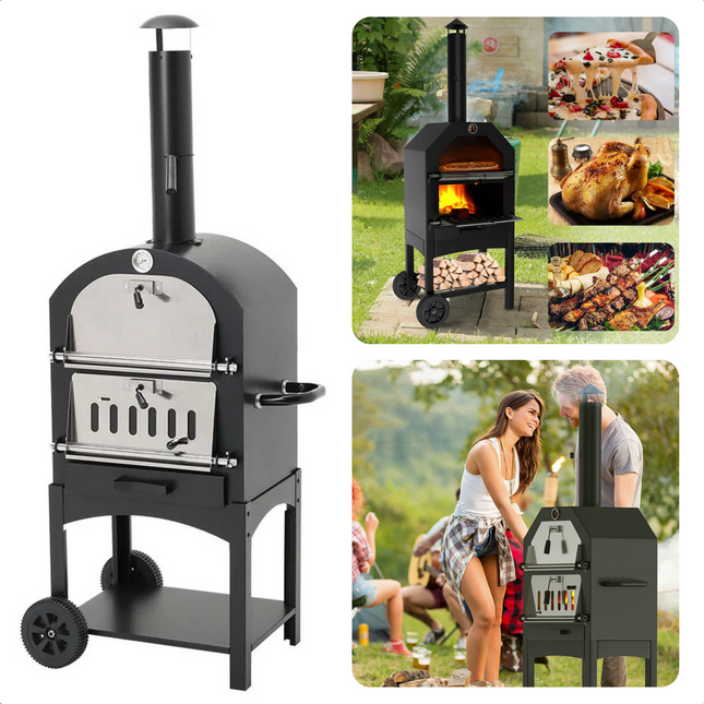 Cheqo® Pizza Oven - Pizzaoven voor Buiten - Houtskooloven - Pizzasteen - Barbecue - BBQ - Rookoven - Buitenkeuken met Wieltjes - Gepoedercoat Metaal - Houtskool-BBQ - Barbecue - 68x48x156cm - 34x24cm Grillrooster - 26kg - Met Pizzasteen Pizzaoven