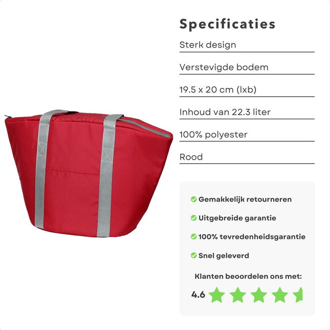 Cheqo® Geïsoleerde Koeltas - 22,3 liter - Rood - Isolerend - Thermische Binnenkant - Dubbel Handvat - Rits - 18,5 x 18 cm - Verstevigde Bodem - Voor Picknick & Boodschappen Koeltas