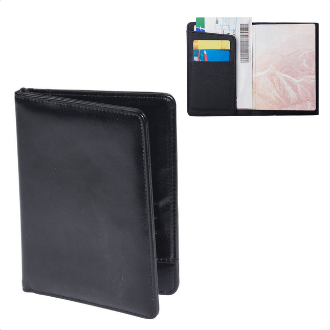 Cheqo® Paspoorthouder - Paspoorthoes - Paspoort Hoesje - Beschermhoes - Zwart Kunstleder - 10x15cm - 8mm - 1 Paspoort - 3 Pasvakjes - 2 Steekgleuven - Elastiek Binnenkant Paspoorthoezen