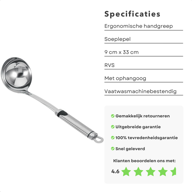 Cheqo® RVS Soeplepel - 33cm x 9cm - Ophangoog - Pollepel - Soep Lepel Soeplepel