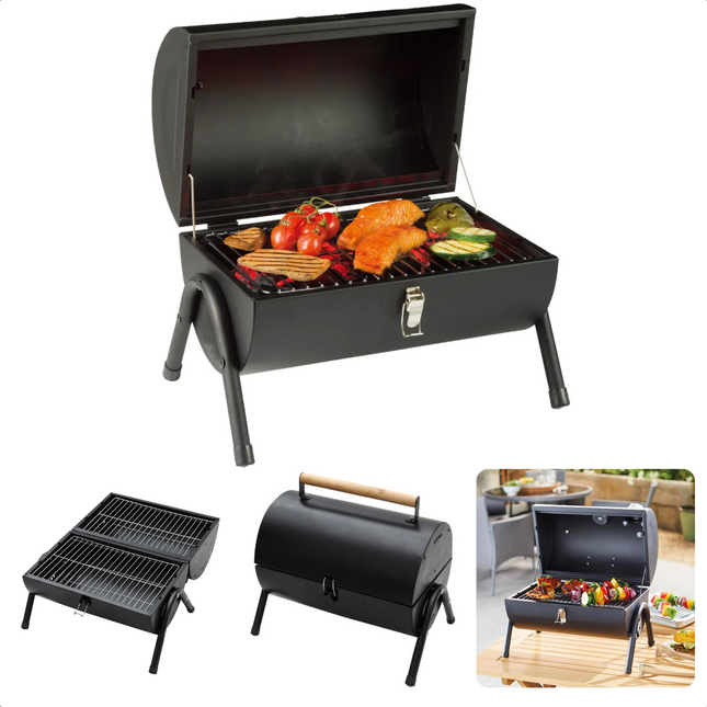 Cheqo® Houtskoolbarbecue - BBQ - Cilinderbarbecue - Tafel BBQ - Barbecue Cilindervorm - Tafelmodel - Mat Zwart - 2-zijdig Gebruik - 2 Rekken/Platen - 17 cm Grillhoogte - Metaal - Afsluitbaar Deksel - Compact - 41 x 26 x h36 cm - Ook voor Camping BBQ