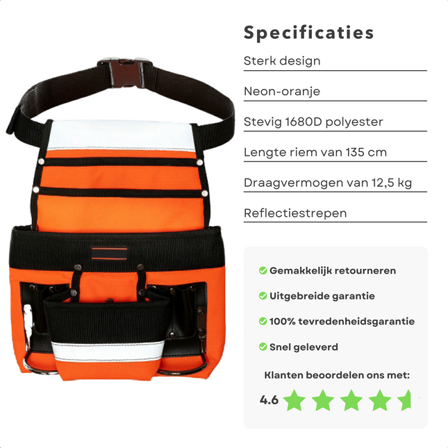 Cheqo® Robuuste Gereedschapsholster - Werkriem - Gereedschapsgordels - 600D Polyester - 2 Reflectiestrepen - Metalen Klinknagels - 135cm Nylon Werkriem - 12,5kg Draagcapaciteit Gereedschapsgordels