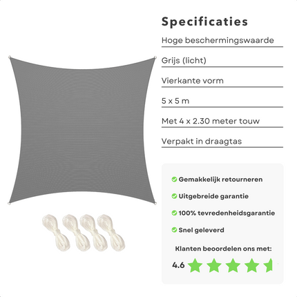 Cheqo® Schaduwdoek Vierkant - Lichtgrijs - Waterafstotend Polyester 100% - 4 x 2.30 m Touw - Met Draagzak - 500x500 cm Schaduwdoek