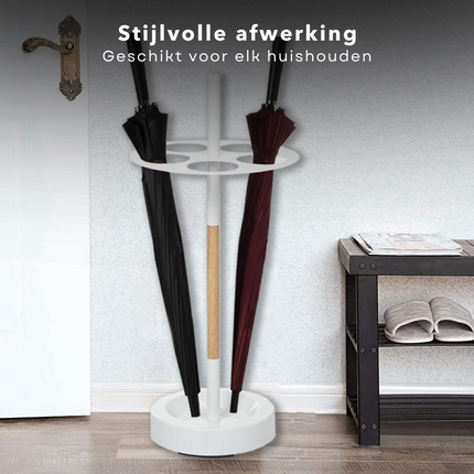 Cheqo® Paraplubak met Ruimte voor 5 Paraplu's - Parapluhouder - Houder voor Paraplu - Ø 32,5 cm - Hoogte 75 cm - Metalen Standaard met Houten Afwerking - Regenwater Opvangplaat - Makkelijk In Elkaar te Zetten Paraplubakken