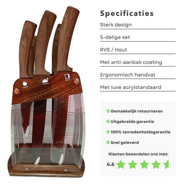 Cheqo® Keukenmessen met Acryl-Standaard - 5 delig - Keukenmes Set - Messenset - Chefmes, Broodmes, Vleesmes, Multifunctioneel Mes, Schilmes Messenset Keukenmessen