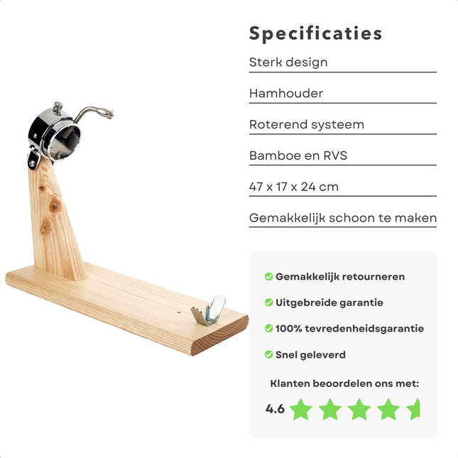 Cheqo® Hamhouder met RVS Klemmen en Houten Standaard - Roterend - 47x17x24cm - 4 Viltglijders - Bescherm Beschadigingen Hamhouder