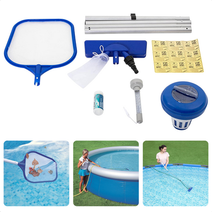 Cheqo® Zwembad Onderhoud Set - Schepnet, Steel, Vuilzuiger, Drijver, Thermometer, 50 Teststrips, 9 Reparatieplakkers - Geschikt voor Zwembaden tot 3.90m - Zwembad Schoonmaakst Zwembad Reiniging