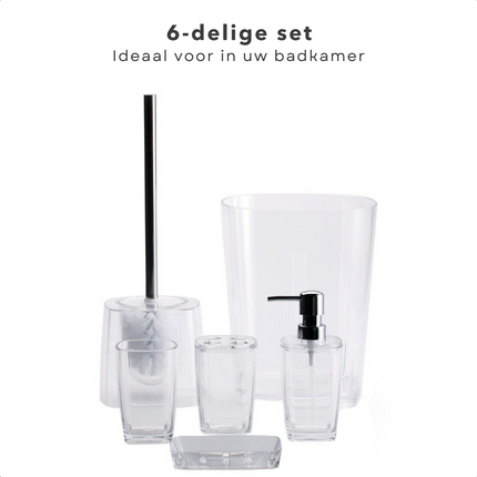 Cheqo® Badkamer Set 6 Delig - Badset - Kunststof - Beker, Zeepbakje, Zeep Dispenser, Tandenborstelhouder, Toiletborstelset, Afvalbak - Badkamer Accessoires Badset