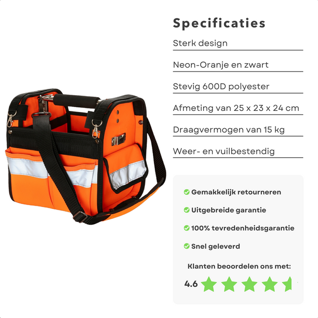 Cheqo® Compacte Gereedschapstas - 20kg - 600D Polyester - Reflectiestreep - Metalen Draagbeugel - Schouderriem - 26x24xH26cm Gereedschapstas