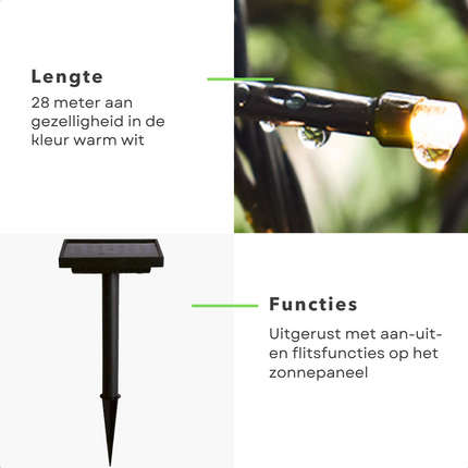 Cheqo® Solar Lichtsnoer - 400 LED - 24m + 4m - 6 cm - Warm Wit - Aan/Uit & Flits - Bewaarbox - Voor Buiten - Feestverlichting - Sfeerverlichting - Kerstverlichting - Lange Levensduur Lichtsnoeren