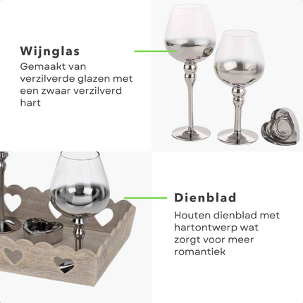 Cheqo® Kaarsen met Dienblad - Kandelaar Set - Kaarsenbord - Kaarsenplateau - Kaarsplateau - Woonaccessoires - 4-Delig - 2 Glazen en 1 Zilver Hart - Voor Waxinelichtjes en Kleine Kaarsen Decoratieve dienbladen