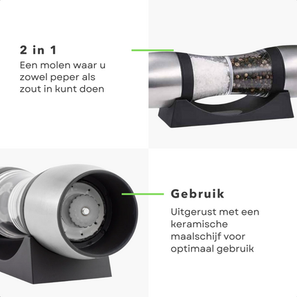 Cheqo® Luxe Peper- & Zoutmolen met Houder - RVS - ø5.5 x 23 cm - Keramische Maalschijf - Hervulbaar - Zwart & Zilver - Pepermolen - Zoutvaatje - Peper Zoutstel Peper- & Zoutstellen