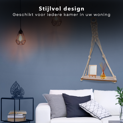 Cheqo® Luxe Plantenhanger - Wanddecoratie - Wandhanger - MDF Plank - Lichte Houtskleur - Wit Touw - 30x10,5x59,5cm Plantenhanger