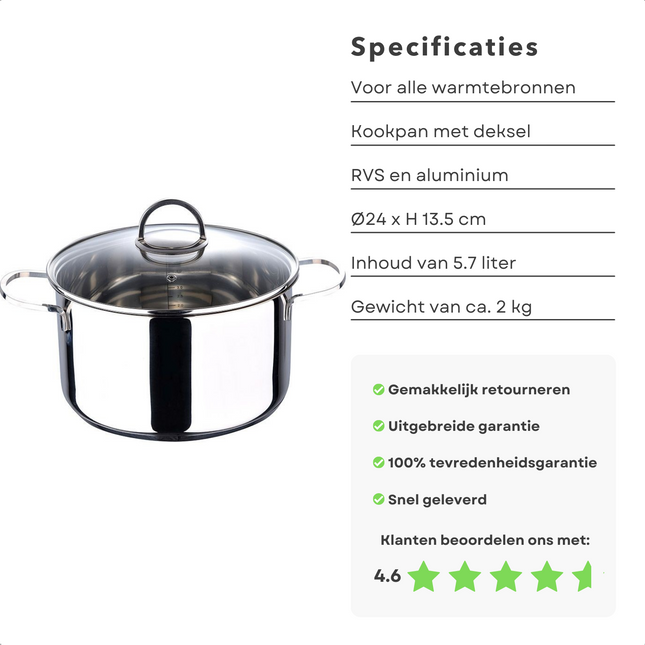 Cheqo® Kookpan met Deksel - Alle Warmtebronnen - Ook voor Inductie - Ø24 cm - 5.7L Kookpan