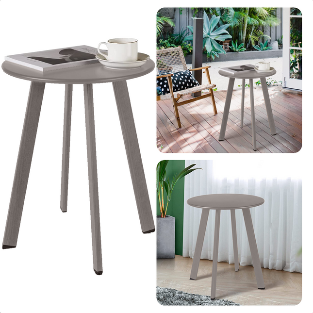 Cheqo® Metalen Tafel - Bijzettafel - Tuintafel - Nachtkastje - Tafeltje voor Binnen en Buiten - 40 cm Diameter - 49 cm Hoogte - Gepoedercoat - Mat Taupe - 50 kg Draagvermogen Bijzettafel