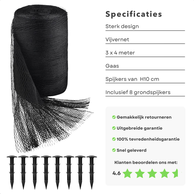 Cheqo® Vijvernet - Vijver Afdeknet - Vijverbescherming - 3x4m - Mesh - Met 8 Grondnagels (10cm) Vijverafdekking