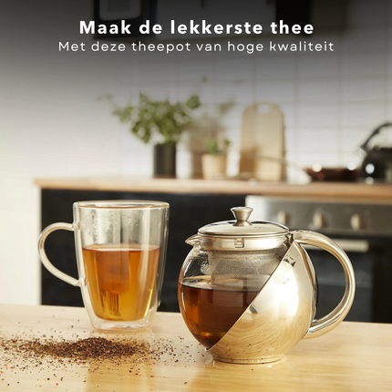 Cheqo® Theepot met Filter - Theekan - Thee Infuser - 0.75L - Roestvrijstaal - 750ml - Hittebestendig tot 120°C - Glanzende Finish Theepot