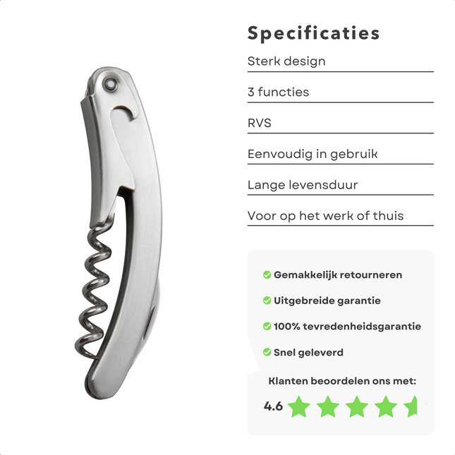 Cheqo® 3-in-1 Kelnermes - RVS - Mes - Kurkentrekker - Flesopener - Zakmes - 17 cm Kelnermes