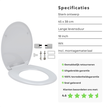 Cheqo® Toiletbril Duroplast - WC Bril - 45 x 38 cm - 18 Inch - Wit - Verbinding ABS - Softclose WC-brillen