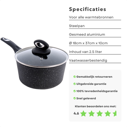 Cheqo® Steelpan met Deksel - Alle Warmtebronnen - Ook voor Inductie - Kookpan - Gesmeed Aluminium - 18cm Steelpan